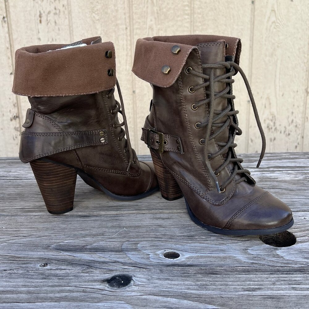Steve Madden Brown Leather Lace-Up Combat Boots Fold Over Cuff Pirate Size 9.5
